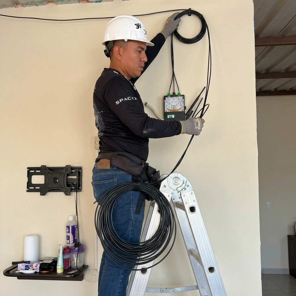Técnico de FLAI instalando cableado de internet en una casa