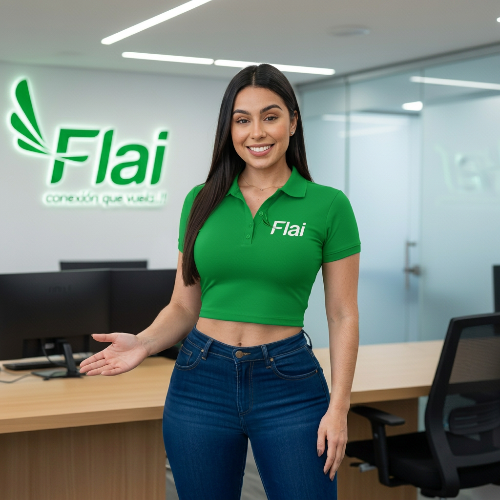 Cobradora de FLAI en la oficina atendiendo con la marca al fondo