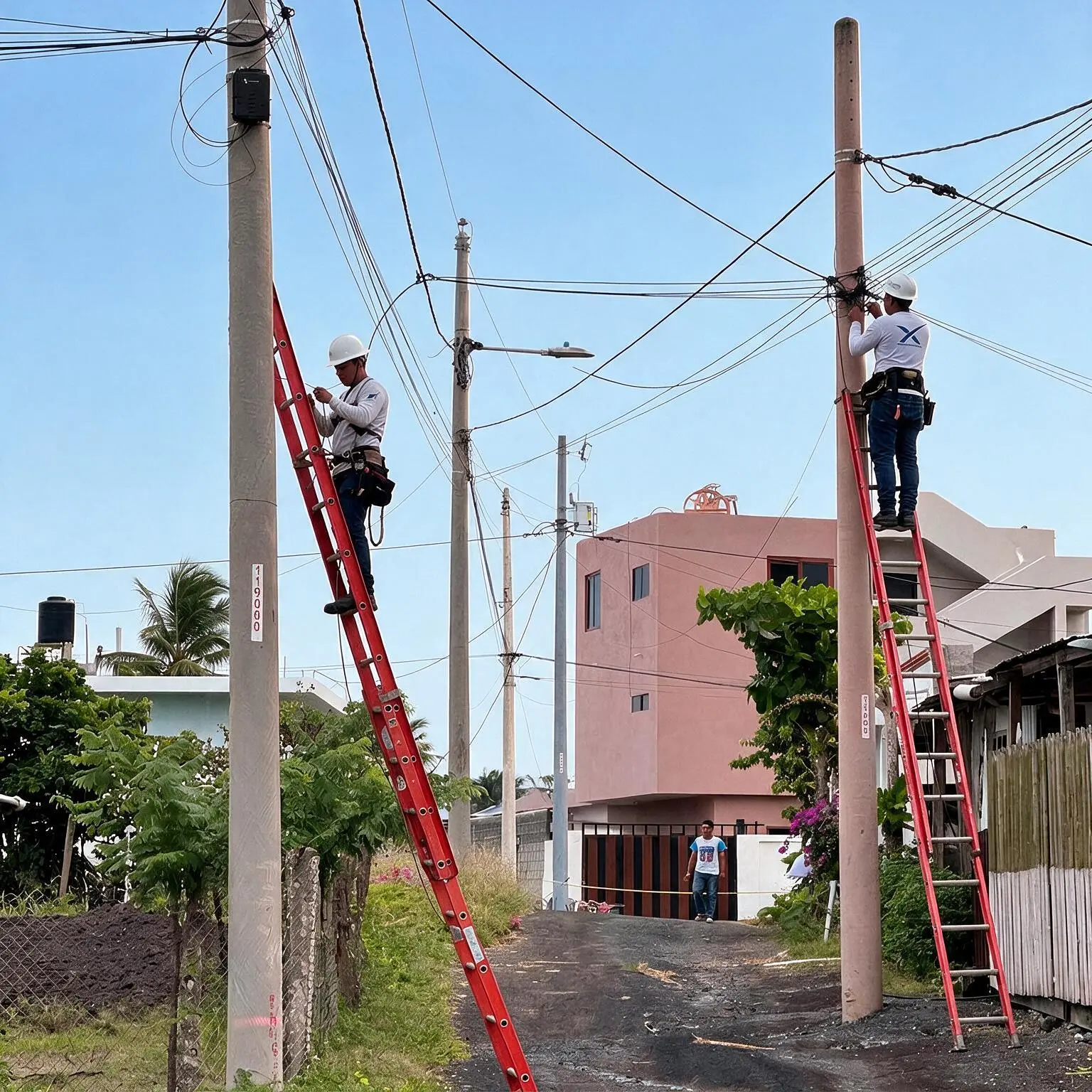 Técnicos de FLAI trabajando en postes de cableado